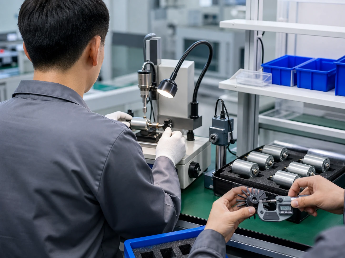 东莞工程人员在验证工装上测试小型电机，旁侧为待检电机部件