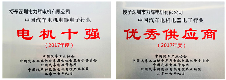 力辉电机连续两年荣获中国“电机十强”以及“优秀供应商”称号